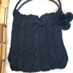 Vintage Sweater cable knit bag purse black pom pom
